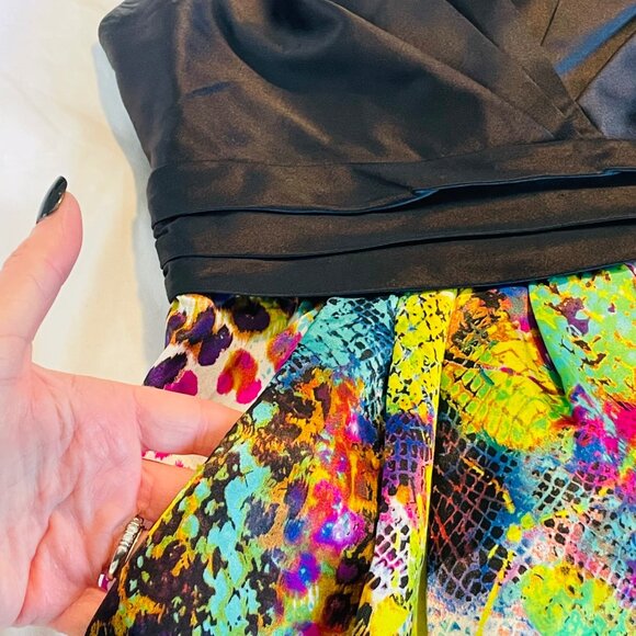 Charlotte Strapless Dress With Vibrant Animal Print & Black Satin Bodice Size 4 - Picture 11 of 14